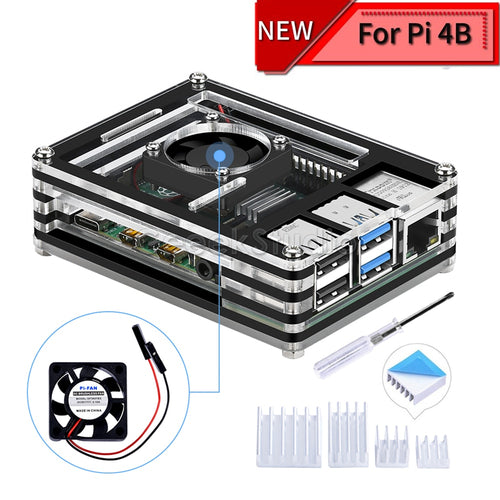 Acrylic Transparent / Clear & Black Case Cover for Raspberry Pi 4