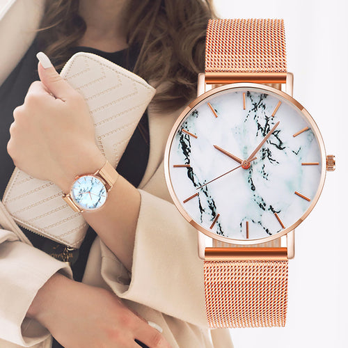 Fashion Rose Gold Mesh Band Creative Marble Female